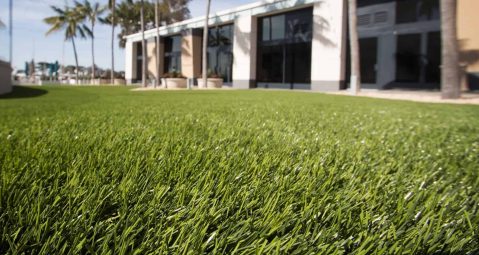 Close up shot of residential artificial grass lawn